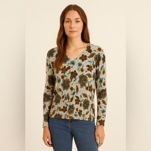 Garnet Hill floral print 100%‎ cashmere V neck sweater size extra small